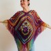  Red Violet Granny Square Crochet Poncho with Fringe Boho Women Wrap Multicolor - Wool Knit Triangle Poncho - Designer Ponchos & Capes  Wool  