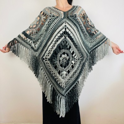 Black Crochet Granny Square Boho Wool Poncho with Fringes - Women's Designer Ponchos & Capes - Gray White Ombre Multicolor Poncho