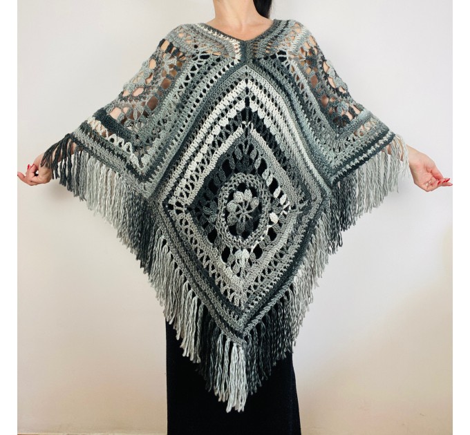  Black Crochet Granny Square Boho Wool Poncho with Fringes - Women's Designer Ponchos & Capes - Gray White Ombre Multicolor Poncho  Wool  