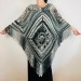  Black Crochet Granny Square Boho Wool Poncho with Fringes - Women's Designer Ponchos & Capes - Gray White Ombre Multicolor Poncho  Wool  