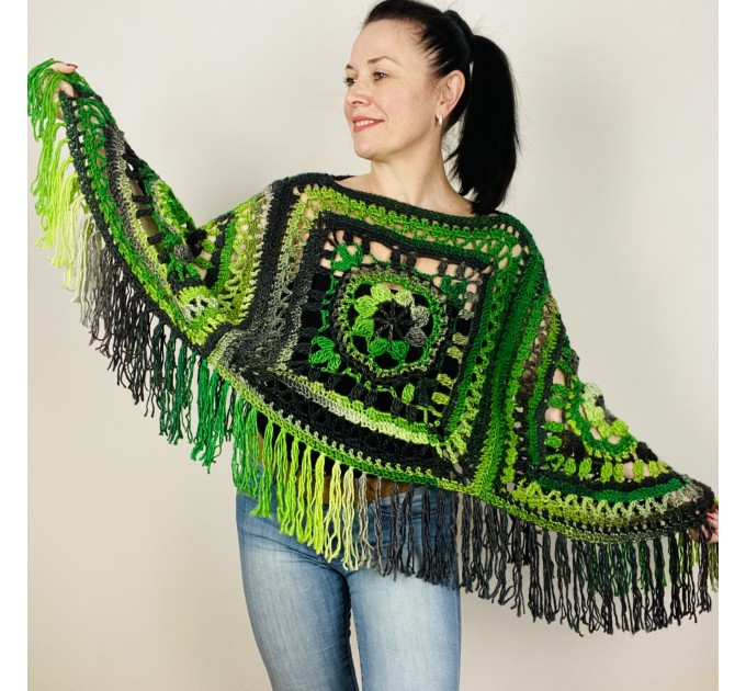 Women's Crochet Granny Square Boho Wool Poncho with Fringes - One Size Fits Small to Medium - One Size Fits Large to Extra Large - Green Black Ombre 