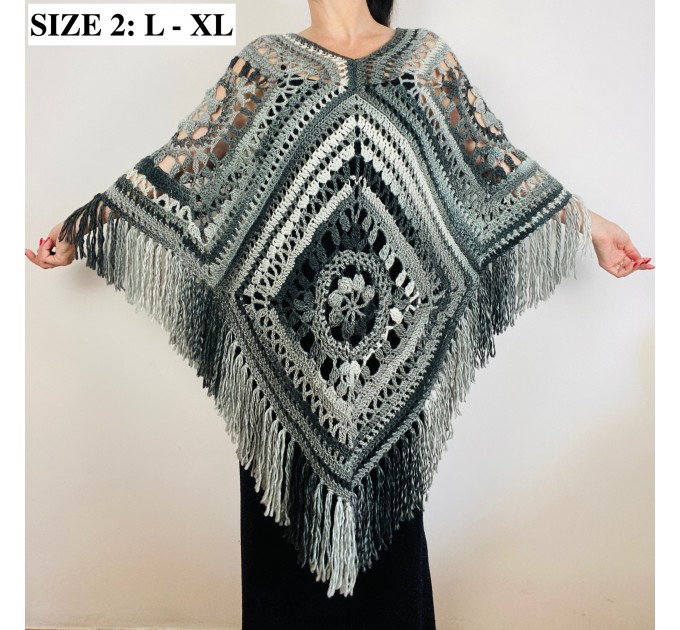  Black Crochet Granny Square Boho Wool Poncho with Fringes - Women's Designer Ponchos & Capes - Gray White Ombre Multicolor Poncho  Wool  2