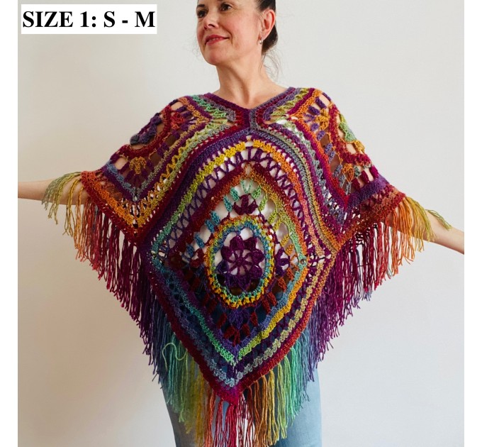  Red Violet Granny Square Crochet Poncho with Fringe Boho Women Wrap Multicolor - Wool Knit Triangle Poncho - Designer Ponchos & Capes  Wool  1