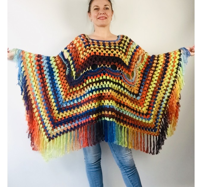 Blue wool Poncho Women, Gray Hippie Plus size Shawl, Loose knit fringe vest, Hand knit triangle lace scarf Evening Wraps Beige Black