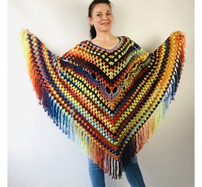 Blue wool Poncho Women, Gray Hippie Plus size Shawl, Loose knit fringe vest, Hand knit triangle lace scarf Evening Wraps Beige Black