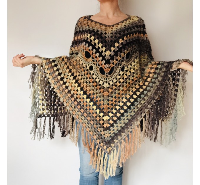  Brown poncho hoodie ombre wool cape poncho fringe alternative clothing boho shawl knit poncho black halloween poncho wrap mexico poncho  Wool  1