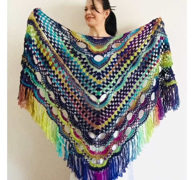 Blue Triangle Shawl Fringe Wool shawl and Wraps Multicolor crochet shawl Festival shawl knit wrap shoulder wrap winter