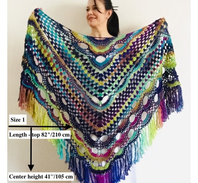  Crochet Shawl Wrap Green Triangle Boho Scarf Fringe Rainbow Shawl Big Multicolor Lace Shawl Hand Knitted Evening Shawl Gray Black White  Wool  1