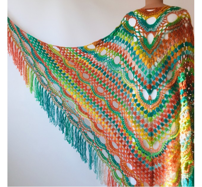  Green Shawl Fringe, Burnt orange Hand Knit lace triangle plus size Wool Wraps, Crochet Evening Hippie festival Scarf Multicolor  Wool  