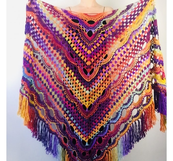  Blue Triangle Shawl Fringe Wool shawl and Wraps Multicolor crochet shawl Festival shawl knit wrap shoulder wrap winter  Wool  2