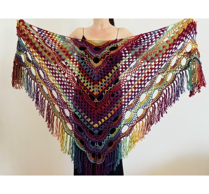  Fall wool shawl women blue violet fringe shawl gradient triangle shawl ombre shoulder shawl crochet multicolor festival shawl fall wrap  Wool  9