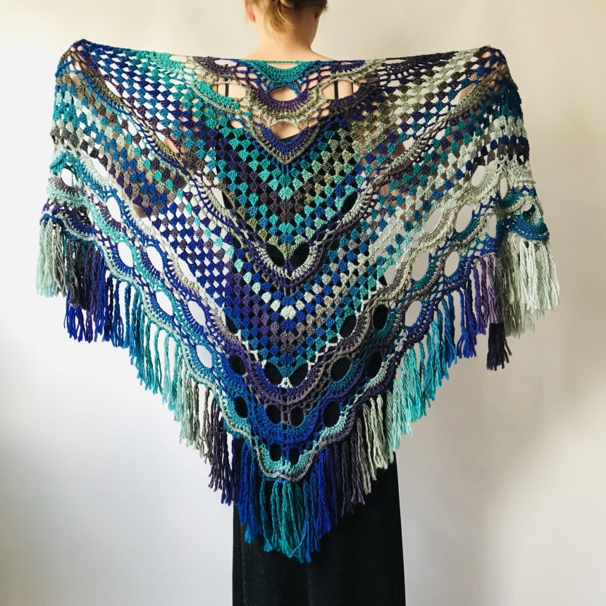 Large royal blue fringes rectangular shawl crocheted wool blend