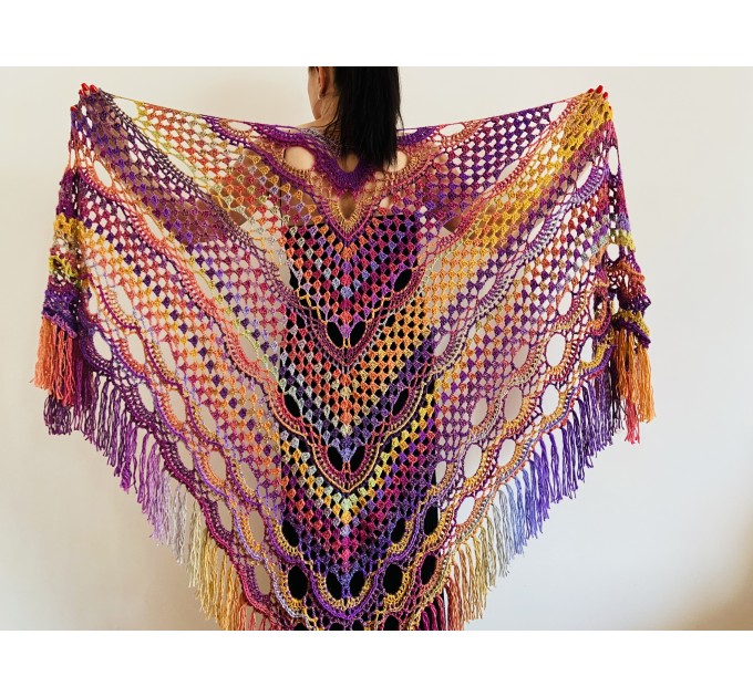  Fall wool shawl women blue violet fringe shawl gradient triangle shawl ombre shoulder shawl crochet multicolor festival shawl fall wrap  Wool  8