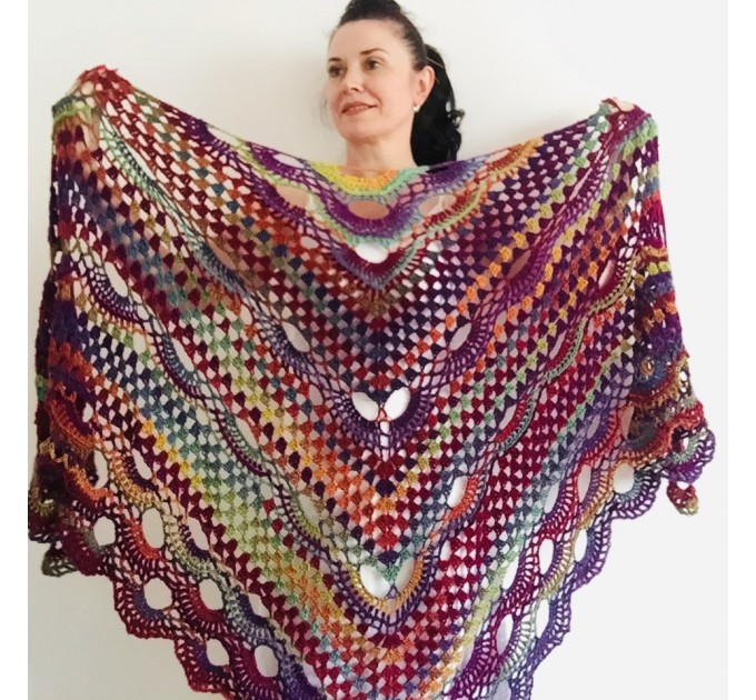  Violet Crochet Shawl Wrap Fringe Burnt Orange Triangle Boho Shawl Colorful Rainbow Shawl Big Multicolor Hand Knitted Shawl Evening Shawl  Wool  6