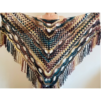 Fall wool shawl women blue violet fringe shawl gradient triangle shawl ombre shoulder shawl crochet multicolor festival shawl fall wrap