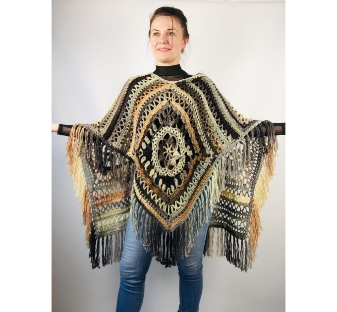  Rainbow wool fringe cape poncho crochet blanket poncho hippie poncho multicolor mexico poncho unisex poncho wrap poncho cape coat  Wool  2