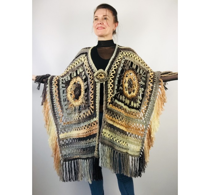  Knit poncho green wool cape poncho fringe crochet blanket poncho rainbow hippie poncho unisex poncho wrap multicolor mexico poncho  Wool  2