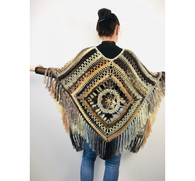  Knit poncho green wool cape poncho fringe crochet blanket poncho rainbow hippie poncho unisex poncho wrap multicolor mexico poncho  Wool  4