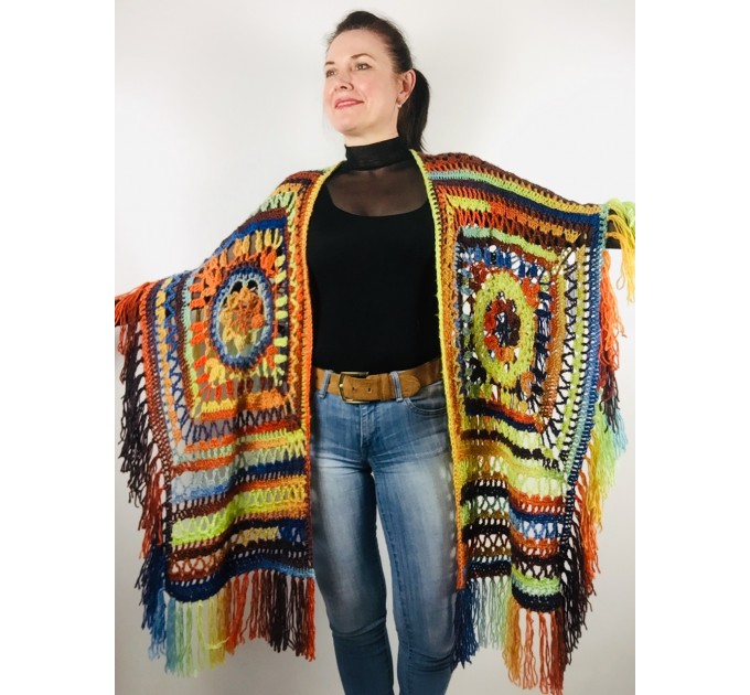  Knit poncho green wool cape poncho fringe crochet blanket poncho rainbow hippie poncho unisex poncho wrap multicolor mexico poncho  Wool  6