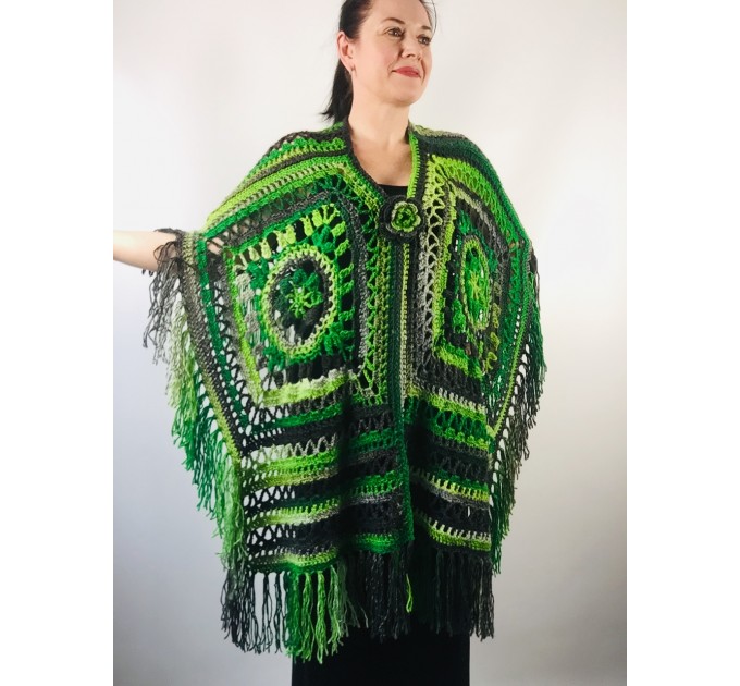  Knit poncho green wool cape poncho fringe crochet blanket poncho rainbow hippie poncho unisex poncho wrap multicolor mexico poncho  Wool  