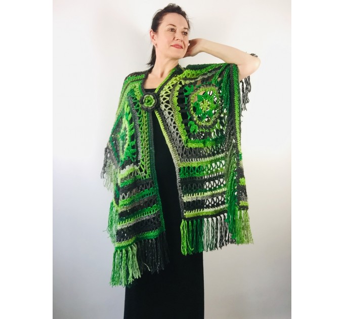  Knit poncho green wool cape poncho fringe crochet blanket poncho rainbow hippie poncho unisex poncho wrap multicolor mexico poncho  Wool  1