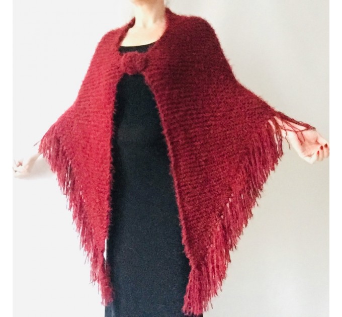 Burgundy Wedding Shawl With Pin Brooch Bridal Knit Fuzzy Wrap Triangle Scarf For Bride And Bridesmaid's