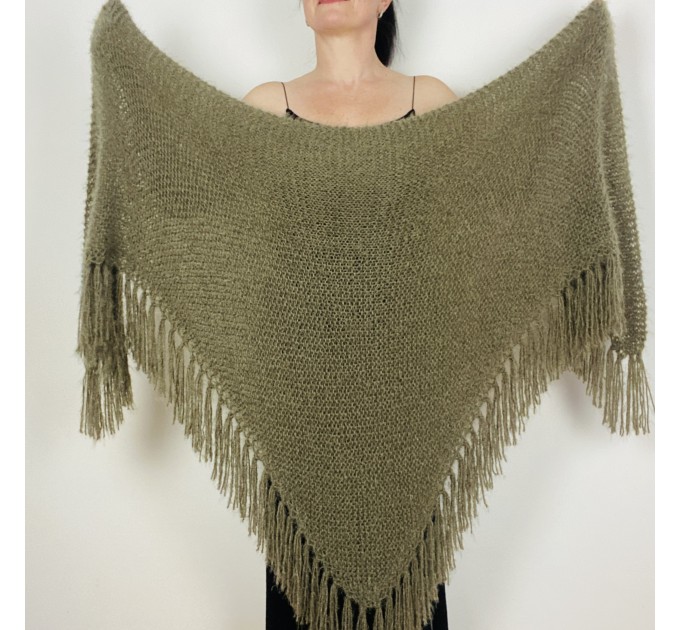  Khaki Triangle Evening Shawl Women's Fuzzy Warm Knit Shoulders Wrap With Pin Brooch Green Scarf With Fringe  Shawl / Wraps  3