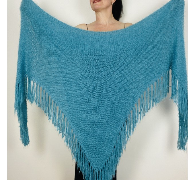  Turquoise Evening Wedding Shawl Fuzzy Warm Triangle Knit Bridal Shoulders Wrap With Pin Brooch   Shawl / Wraps  