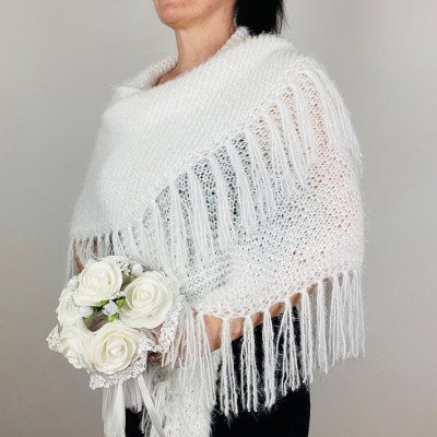 White Wedding Shawl With Fringe Faux Fur Fuzzy Triangle Evening Bridal Shoulders Wrap With Pin Brooch