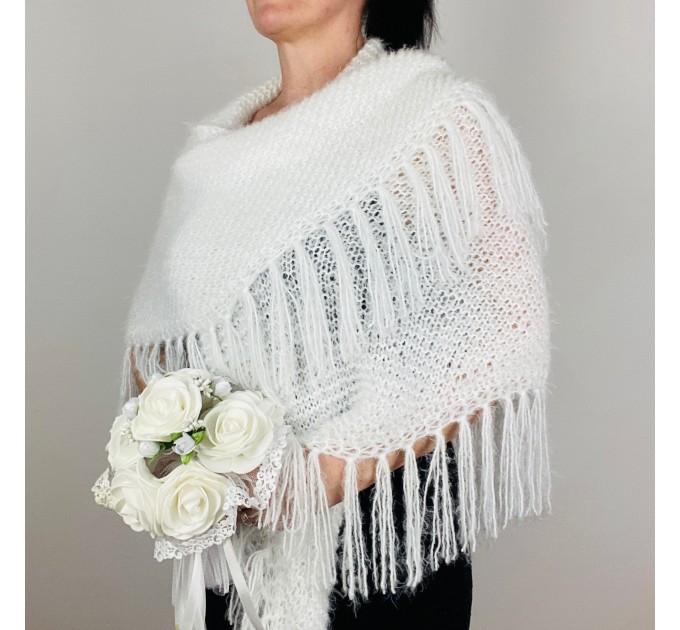  White Wedding Shawl With Fringe Faux Fur Fuzzy Triangle Evening Bridal Shoulders Wrap With Pin Brooch  Shawl / Wraps  