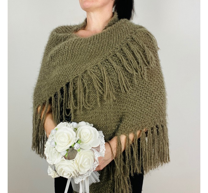 Khaki Triangle Evening Shawl Women's Fuzzy Warm Knit Shoulders Wrap With Pin Brooch Green Scarf With Fringe