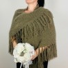 Khaki Triangle Evening Shawl Women's Fuzzy Warm Knit Shoulders Wrap With Pin Brooch Green Scarf With Fringe