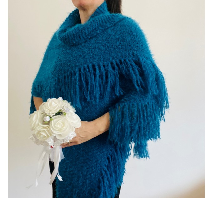  Petrol Wedding Shawl With Pin Brooch Knit Fuzzy Bridal Shoulder Wrap Triangle Bride Scarf With Fringe  Shawl / Wraps  