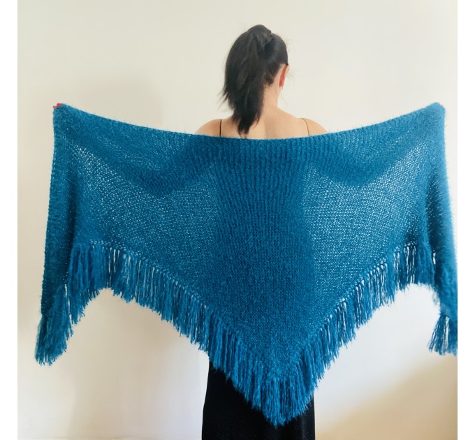  Petrol Wedding Shawl With Pin Brooch Knit Fuzzy Bridal Shoulder Wrap Triangle Bride Scarf With Fringe  Shawl / Wraps  3