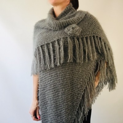 Gray Fuzzy Wedding Wrap With Fringe Knit Faux Fur Bridal Shawl For Bride