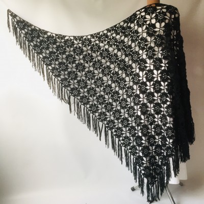 Black Alpaca shawl Wedding shawl, Mohair Bridal cover up, warm wool Triangle shawl fringe, Black lace shawl, Bridesmaid gift, Bride shawl