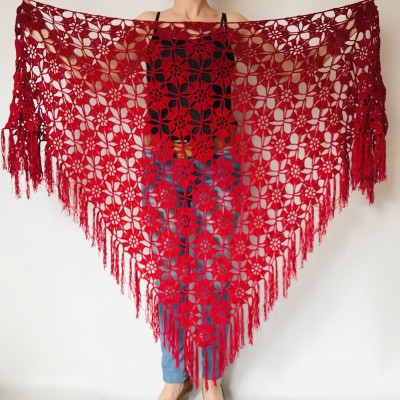 Red mohair alpaca triangle shawl fringe bridal winter shawl wedding shawl Crochet Wedding shawl warm wool shawl Knitted wrap