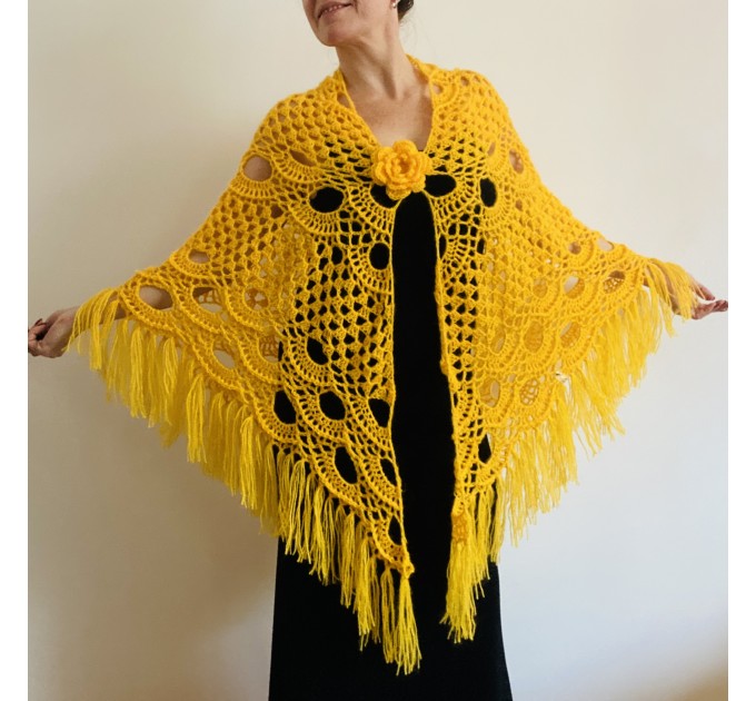  Yellow bridal extra large shawl winter wedding shawl fringe wool triangle shawl plus size bridesmaid hand crocheted bridal party shawl  Shawl / Wraps  3