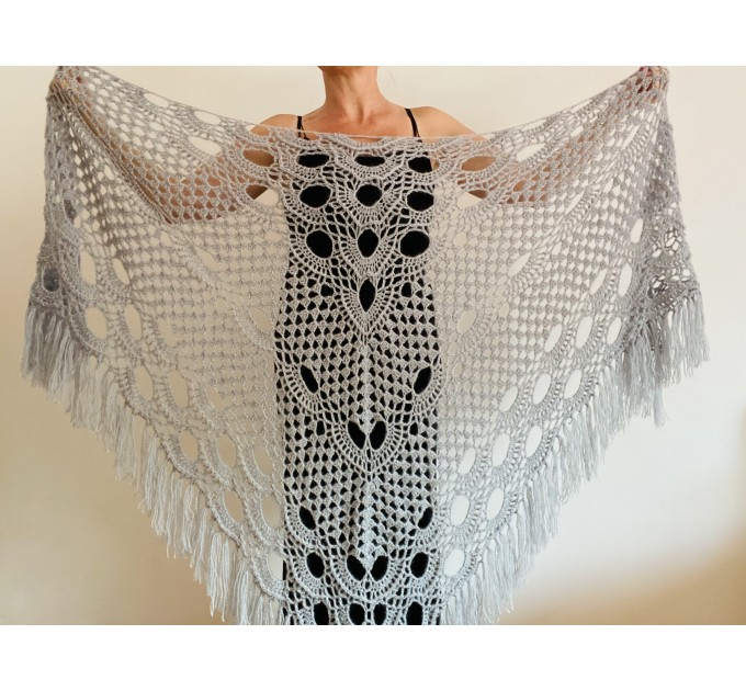 Gray Wedding Shawl, Silver Bridesmaid Mohair wrap, White Bridal cover up, Beige Lace Shawl Fringe Bridesmaid Gift pin brooch Boho Evening 