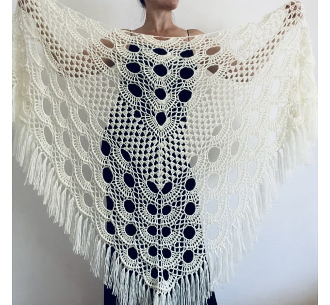  Cream bridal extra large shawl white wedding wool shawl ivory plus size bride women triangle fringe shawl hand crocheted shawl  Shawl / Wraps  7