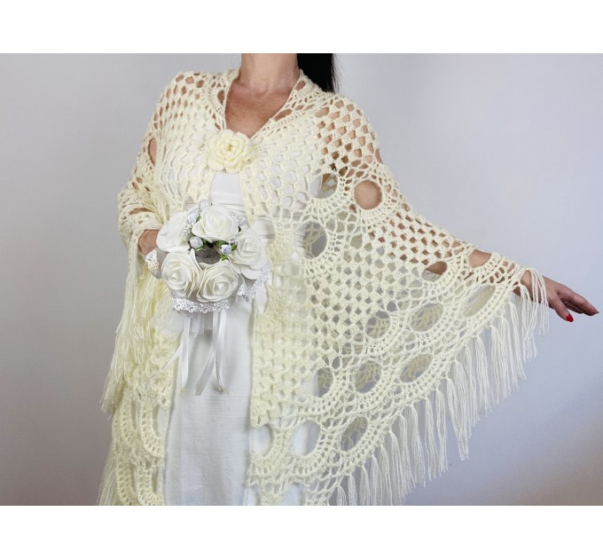  Cream bridal extra large shawl white wedding wool shawl ivory plus size bride women triangle fringe shawl hand crocheted shawl  Shawl / Wraps  