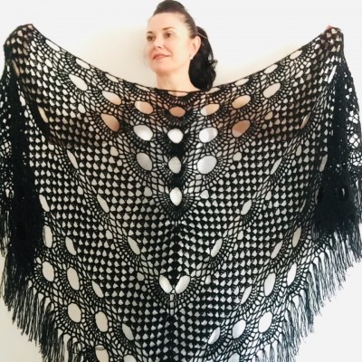 Black Wedding shawl, Knitted wrap, Bridal cover up, Mohair warm wool Triangle shawl fringe, Black lace shawl, Bridesmaid gift, Bride shawl