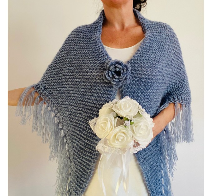  Light blue bridal wool triangle shawl fringe mohair warm knit shoulder wrap winter crochet wedding shawl large pashmina anniversary gift  Shawl / Wraps  