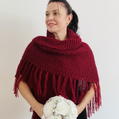 Burgundy winter bridal shawl knit shoulder wrap wool triangle shawl fringe mohair bride shawl wedding shawl anniversary gift mom wife her