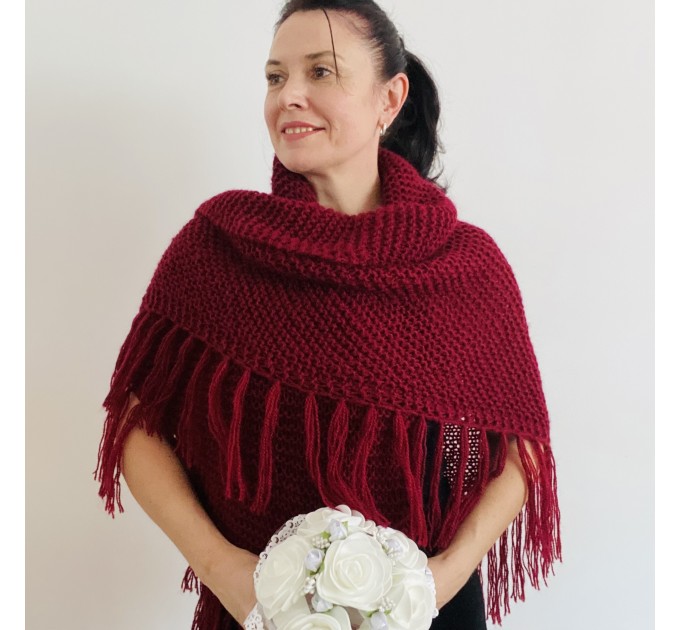 Burgundy winter bridal shawl knit shoulder wrap wool triangle shawl fringe mohair bride shawl wedding shawl anniversary gift mom wife her