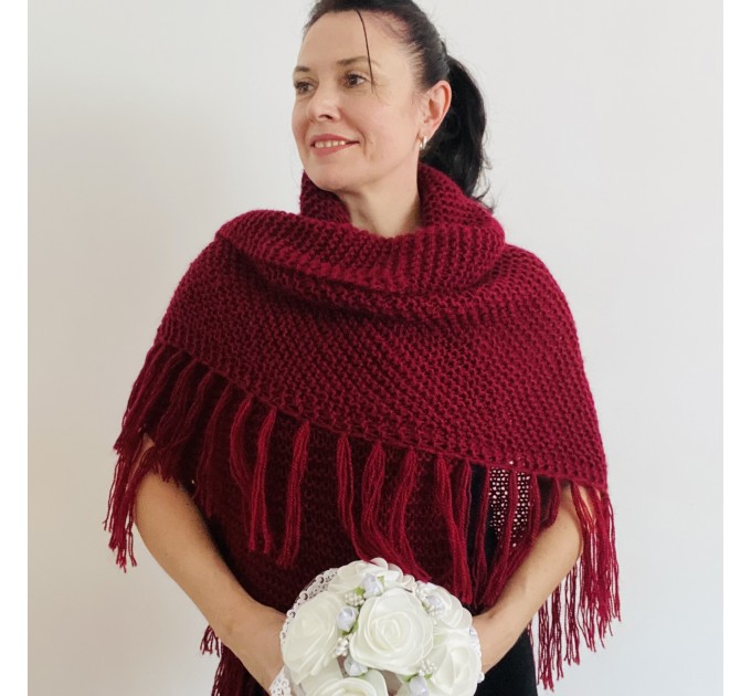  Burgundy winter bridal shawl knit shoulder wrap wool triangle shawl fringe mohair bride shawl wedding shawl anniversary gift mom wife her  Shawl / Wraps  