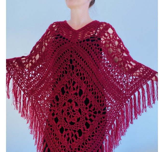  Bordo poncho women, Plus size wool poncho fringe, Boho Triangle shawl, Mohair poncho cape Festival loose knit Black Blue  Mohair / Alpaca  3