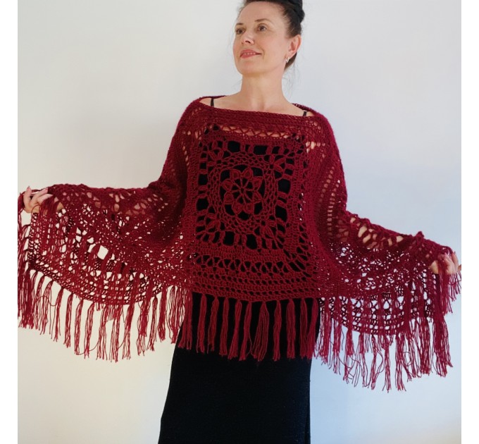  Bordo poncho women, Plus size wool poncho fringe, Boho Triangle shawl, Mohair poncho cape Festival loose knit Black Blue  Mohair / Alpaca  4