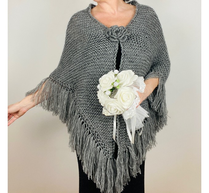 Gray Wedding Bridal Shawl With Fringe Mother Of Bride Shoulder Wrap Mohair Wool Triangle Scarf