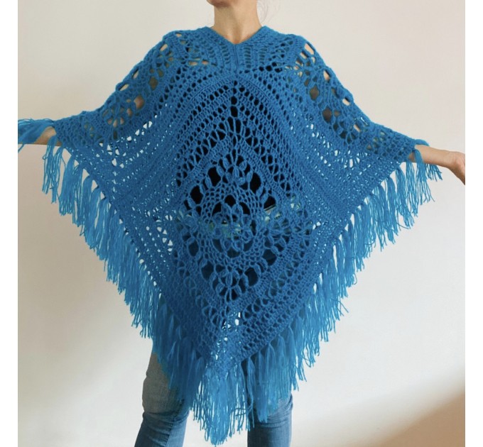  Turquoise woman poncho fringe Emerald wool cape cover up Hippie poncho women granny square poncho Blue wrap anniversary gift wife mom sister  Mohair / Alpaca  